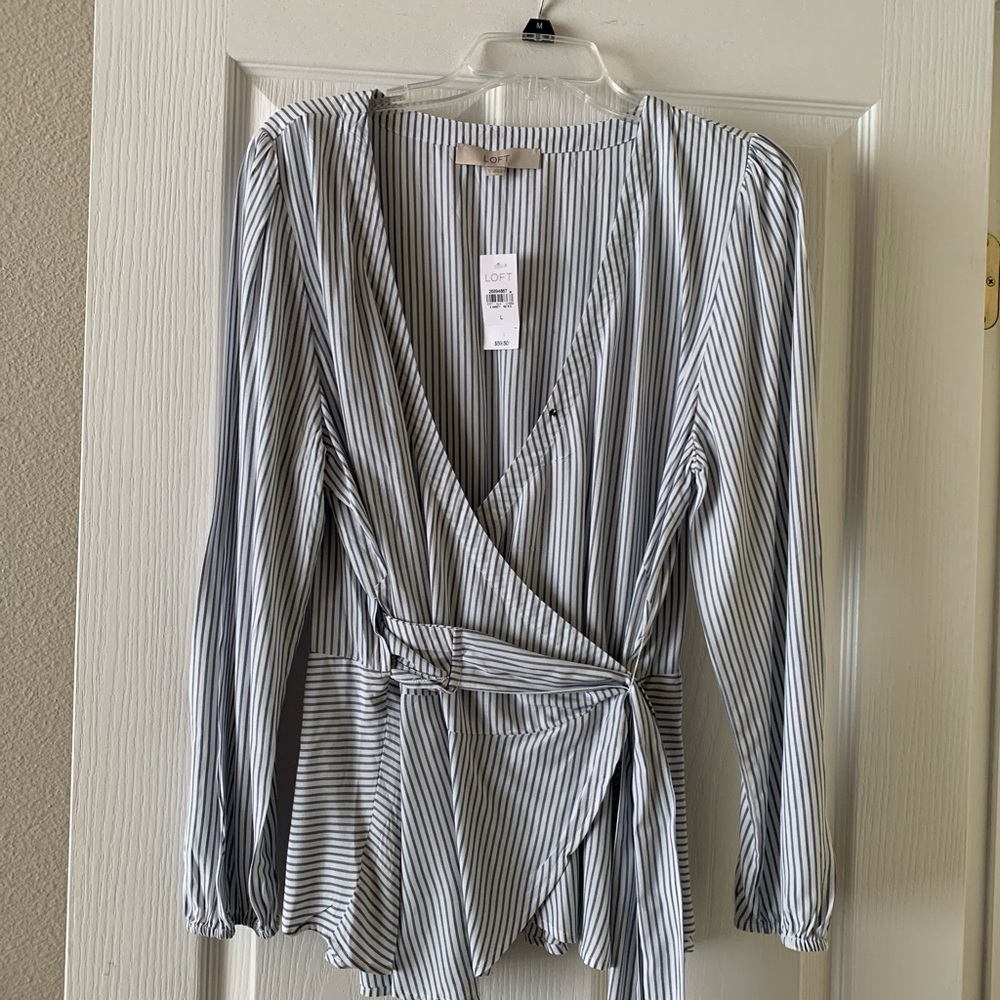 Blue and White Drape Over And Tie Blouse